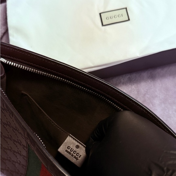 GUCCI - GG POUCH EMBOSSED LEATHER - DARK BROWN WITH RED & GREEN STRIPES - Picture 5 of 8